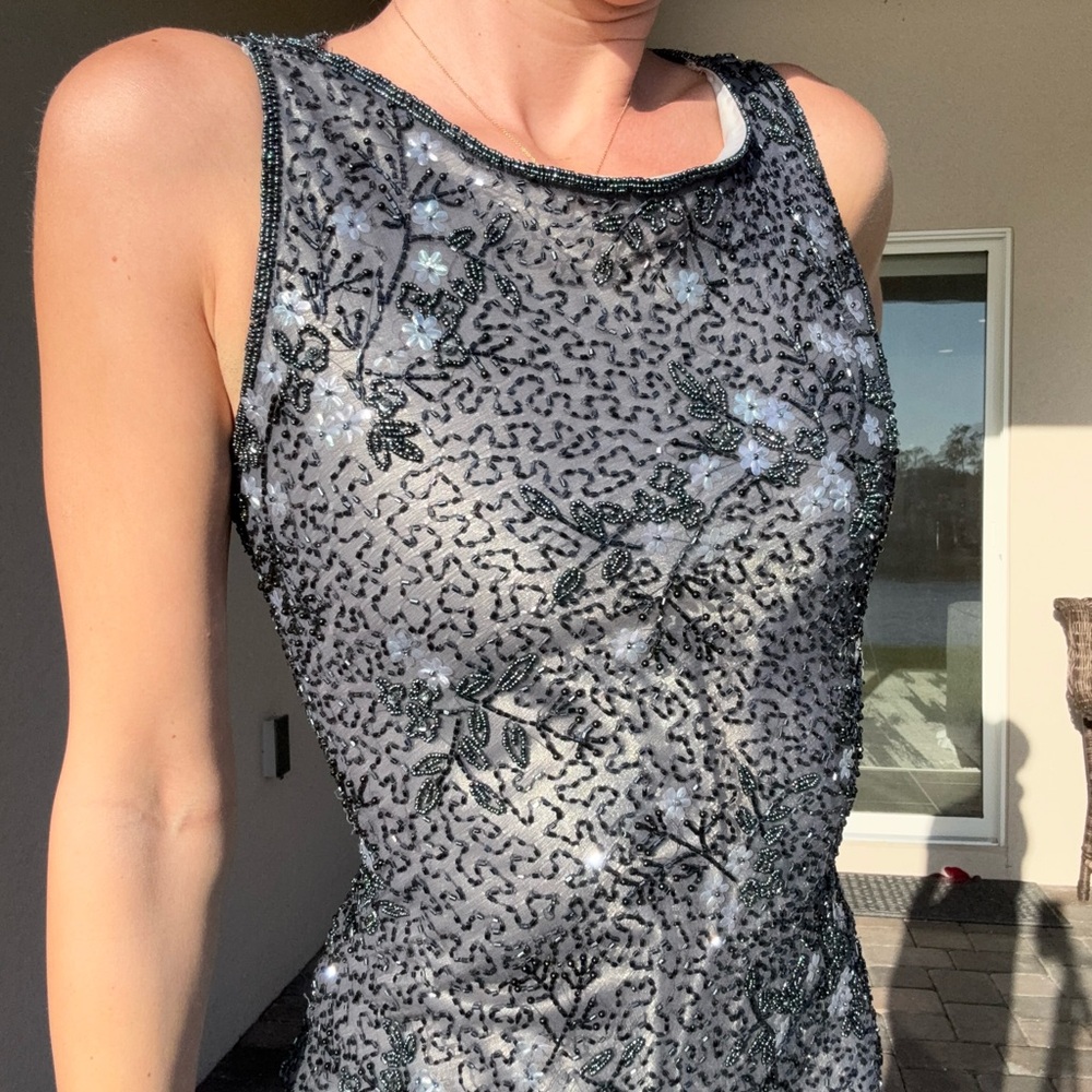Beaded blue Silver flower gown y2k